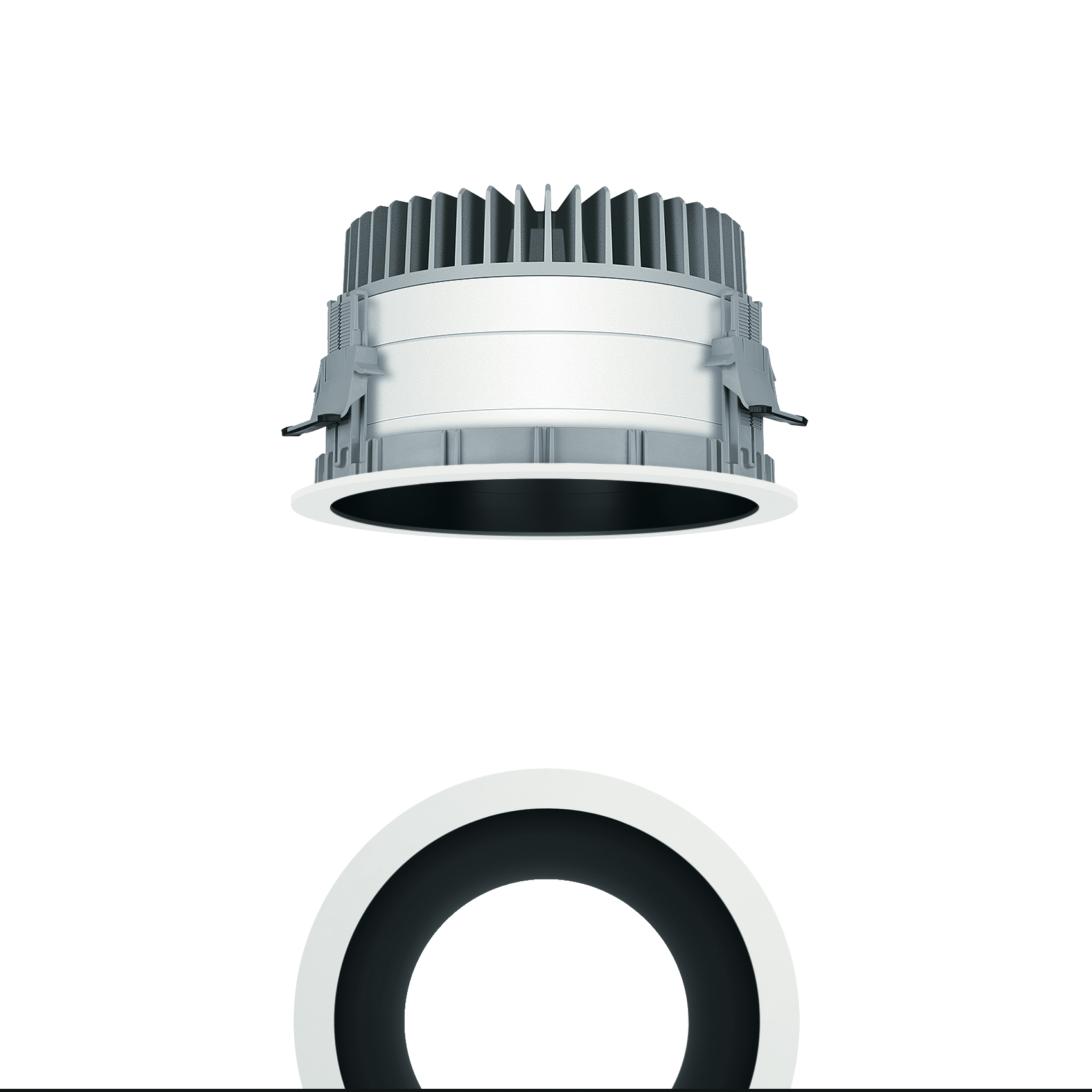 Round LED recessed ceiling spotlight with a white outer ring and black inner reflector, depicted from above and from the front. The silver heatsink provides efficient heat dissipation.