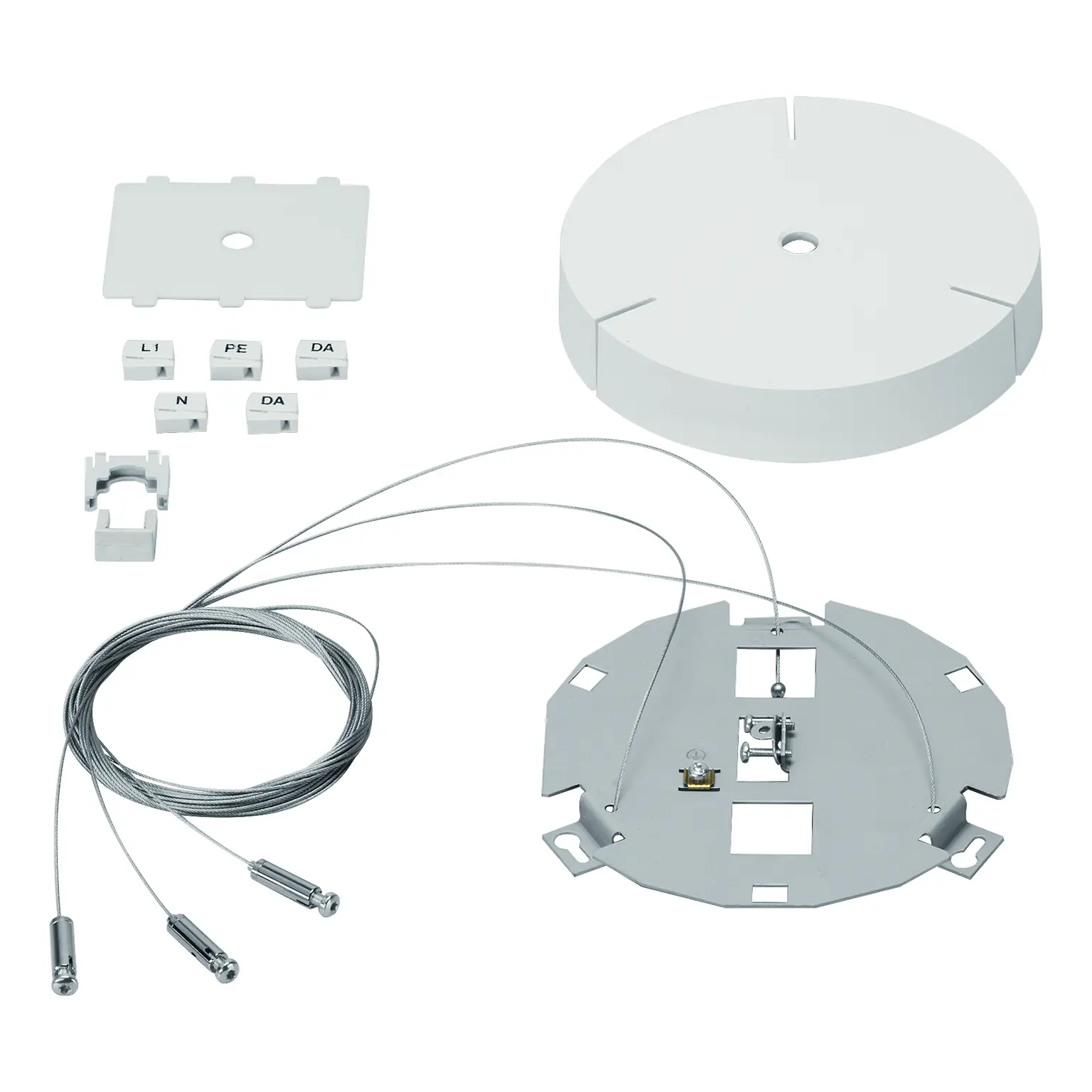 Ceiling suspension kit with cables and terminal blocks for lighting by Zumtobel