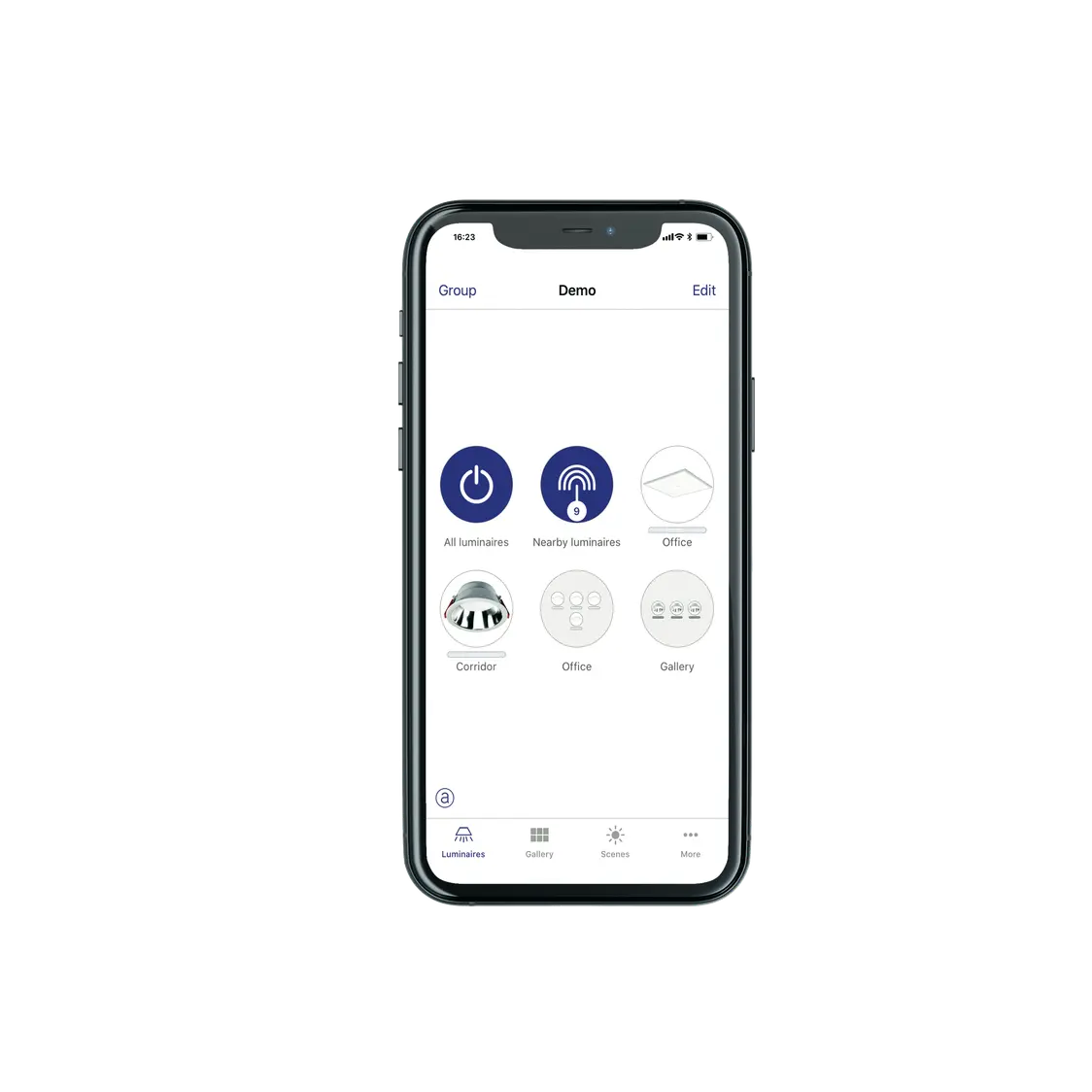 Ausschnitt eines Smartphones mit der Lichtsteuerungs-App für basicDIM Wireless.