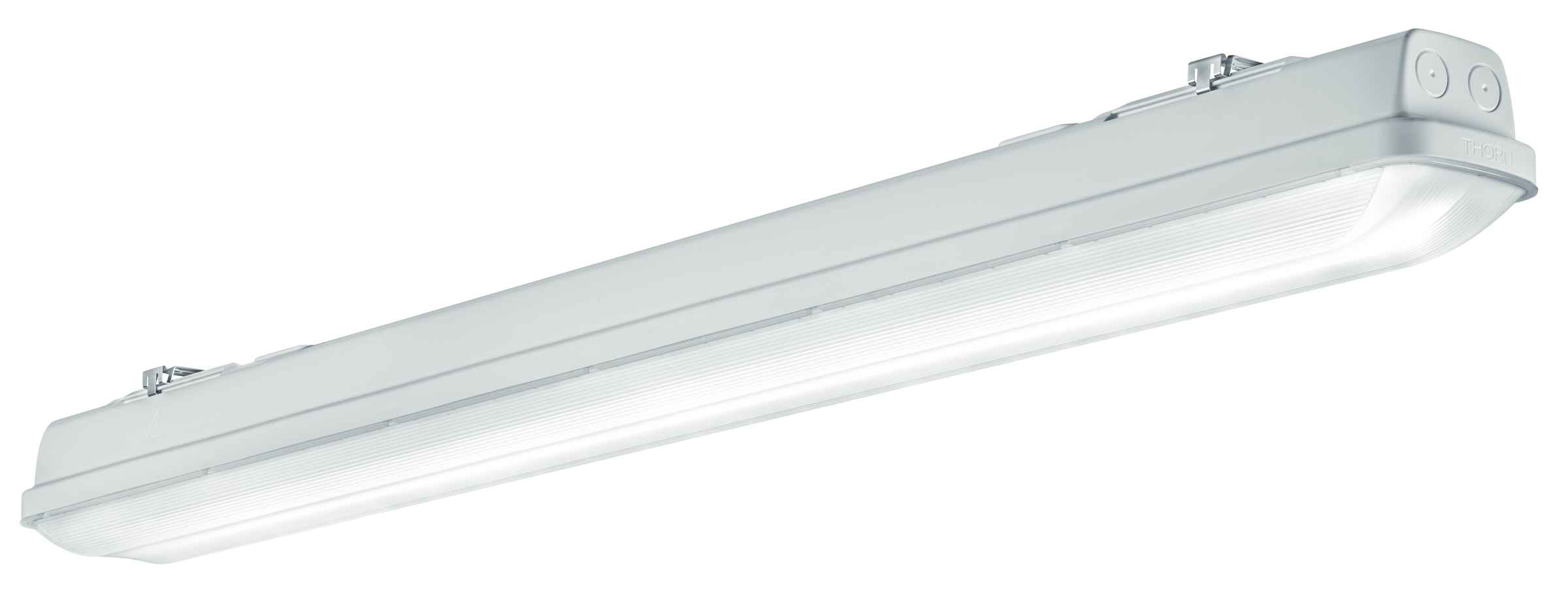 Un primo piano di un moderno apparecchio illuminotecnico LED in stile industriale, con un design bianco e raffinato, progettato per un'illuminazione efficiente e duratura. L’apparecchio presenta un alloggiamento robusto e una copertura diffusa per una distribuzione luminosa ottimale.