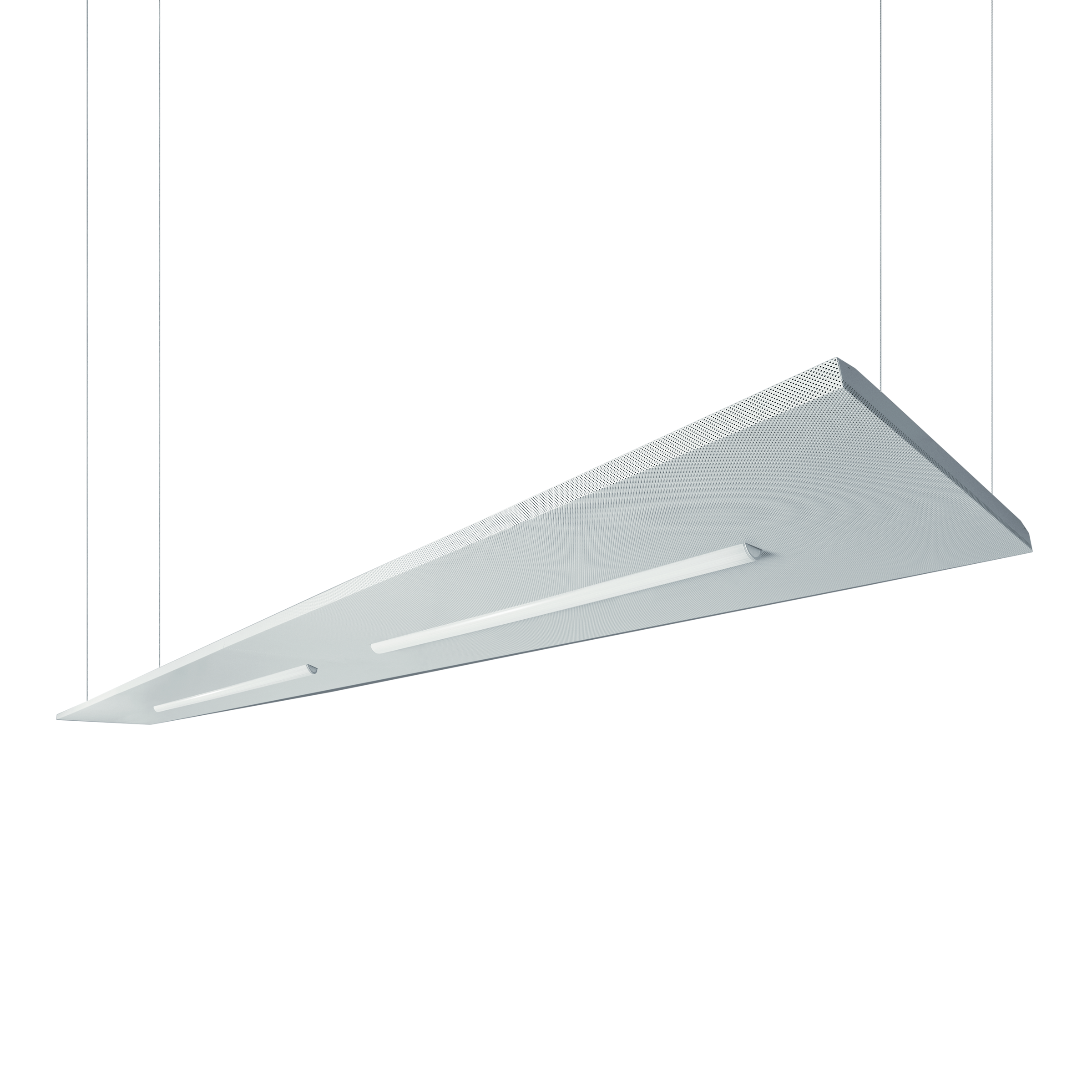 Suspended linear LED luminaire with a sleek, modern design, providing efficient and uniform lighting for professional environments. Ideal for offices, classrooms, and other spaces requiring high-quality illumination.