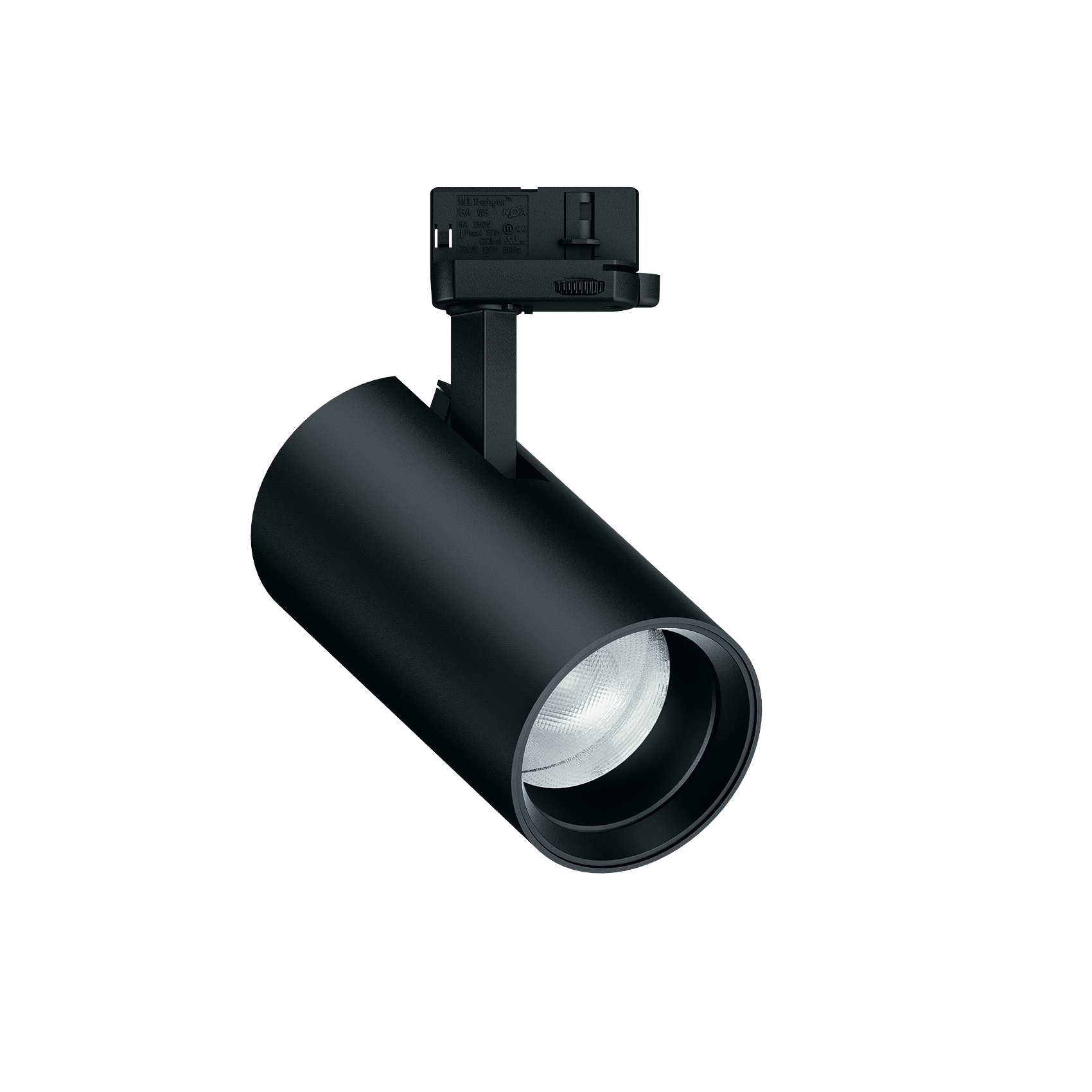 Black LED spotlight with cylindrical housing for installation on a power track. The luminaire is suitable for the targeted lighting of exhibition or retail spaces.