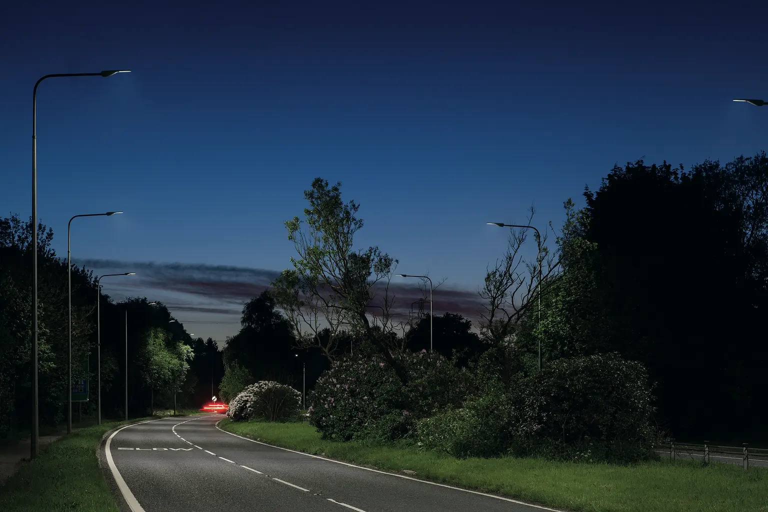 Eine ruhige Vorortstraße in der Abenddämmerung, beleuchtet von modernen Straßenlaternen, mit Bäumen und Sträuchern am Straßenrand. Der Himmel weist einen Farbverlauf von Blau und Lila auf und in der Ferne sind die roten Rücklichter eines Autos zu erkennen.