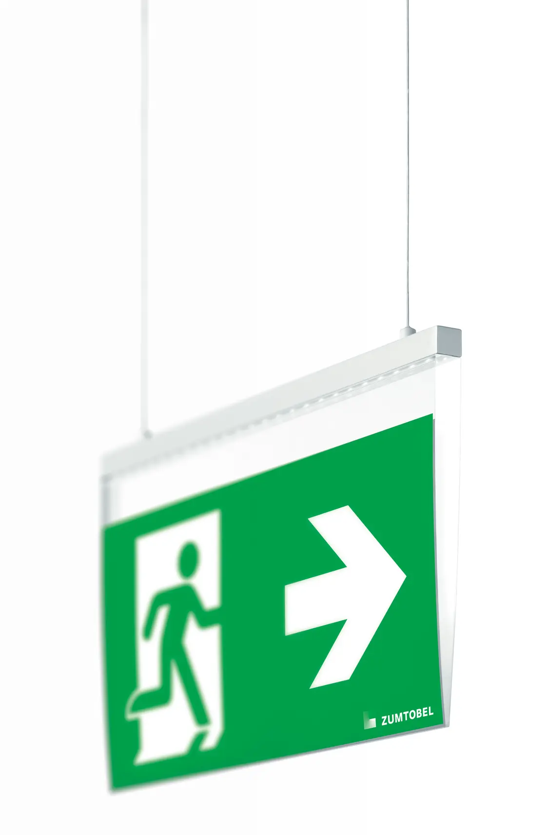 Il sistema COMSIGN 150 è montato al soffitto e mostra un segnale di uscita di emergenza verde illuminato con una freccia che punta a destra.