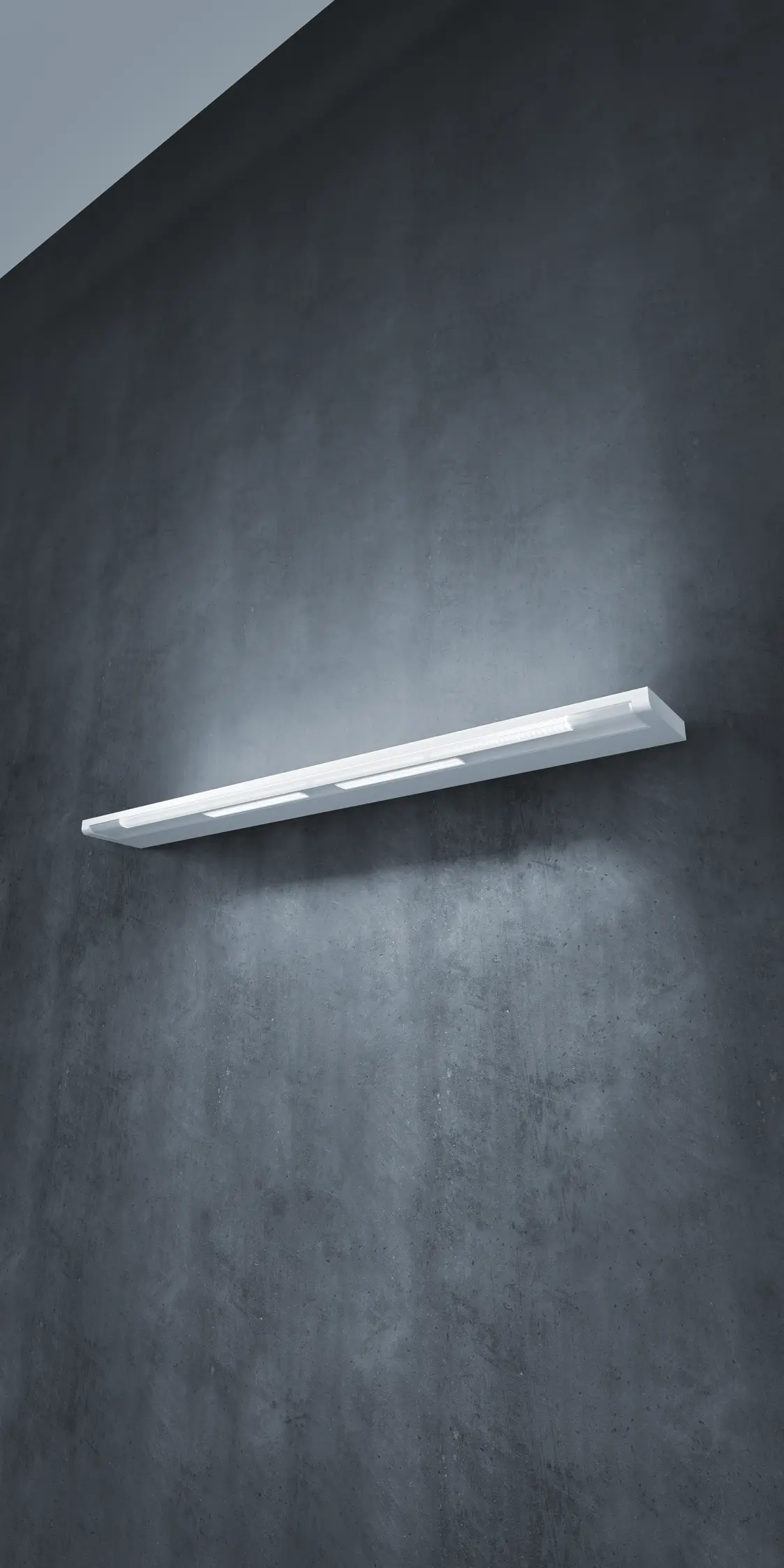 Die CALMEA-Leuchte sorgt an einer grauen Wand in minimalistischer, linearer Form für gleichmäßiges, blendfreies Licht in einem modernen Raum.