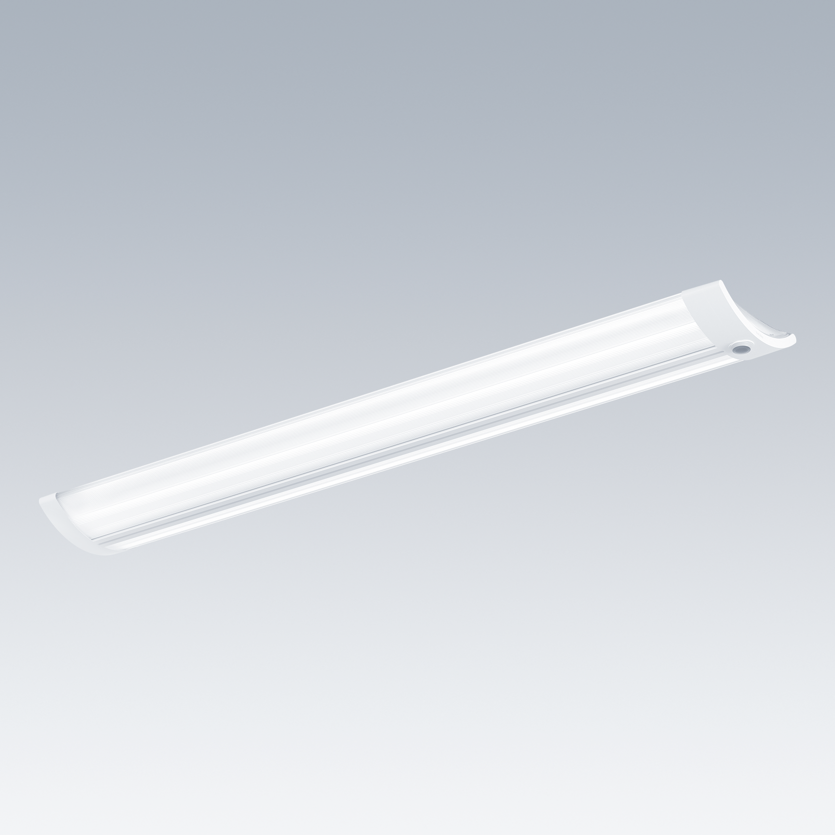 Una moderna striscia LED con un corpo sottile di colore bianco e un design leggermente curvo. Offre una distribuzione luminosa uniforme e senza abbagliamento, ideale per applicazioni industriali o commerciali.