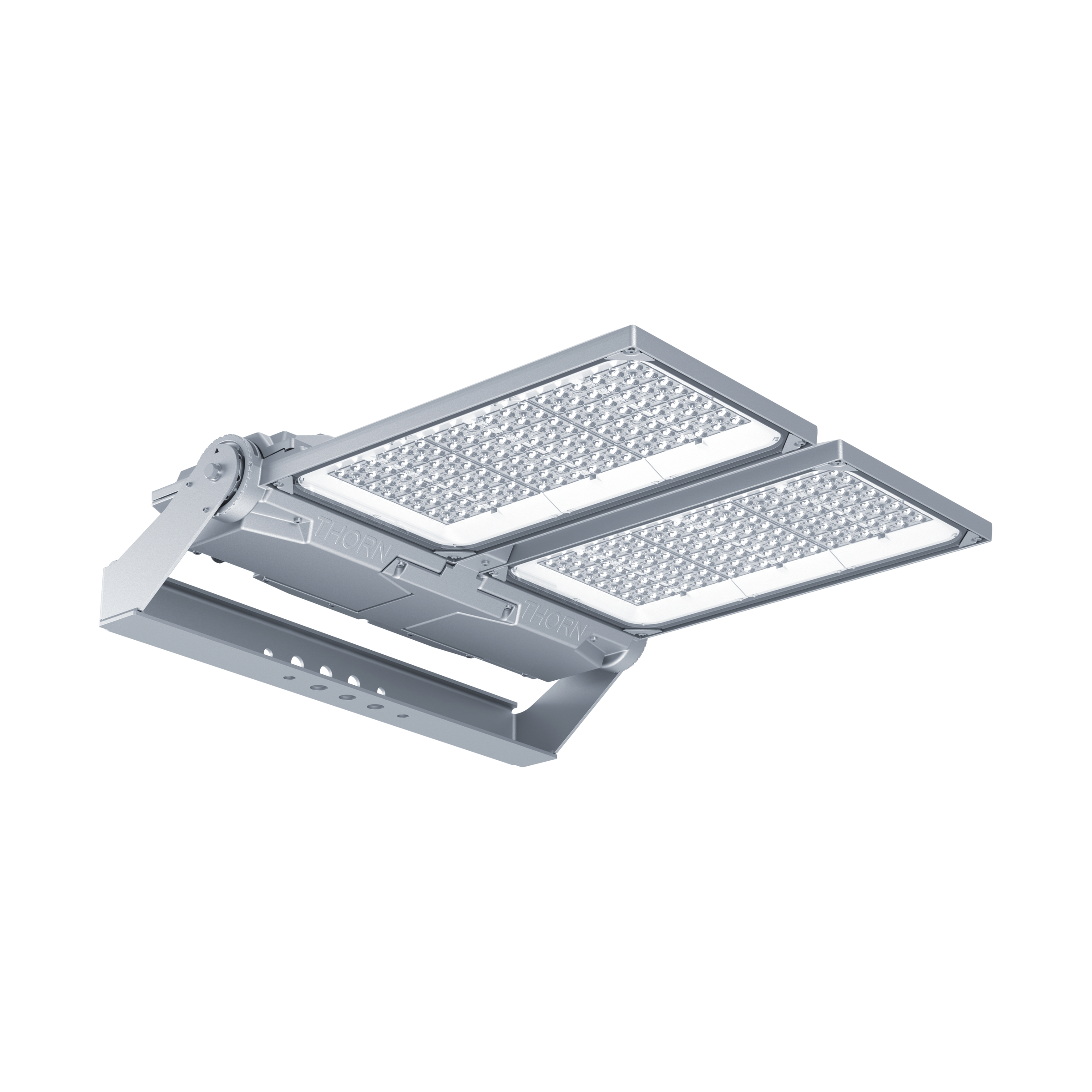 Moderner LED-Flutlichtstrahler mit zwei einstellbaren Paneelen und einem robusten Metall-Montagebügel. Die Leuchte ist für hocheffiziente Außen- oder Industriebeleuchtungsanwendungen konzipiert.