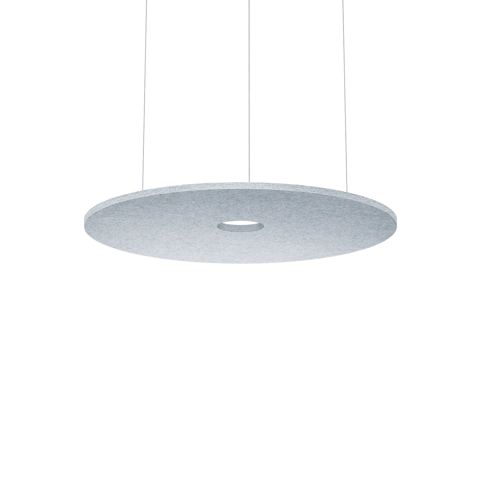Round acoustic panel with suspension wires for modern lighting by Zumtobel