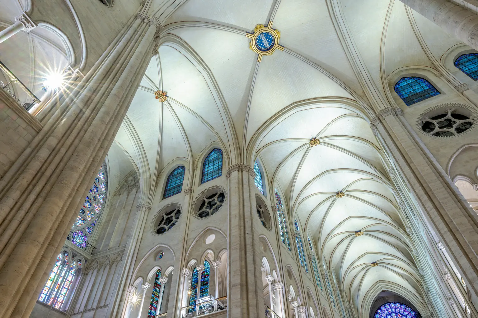 Per una perfetta integrazione con l'architettura di Notre-Dame, abbiamo realizzato su misura la finitura dei proiettori imitando la pietra beige chiaro della cattedrale, in modo che si fondessero con l'ambiente circostante. 
