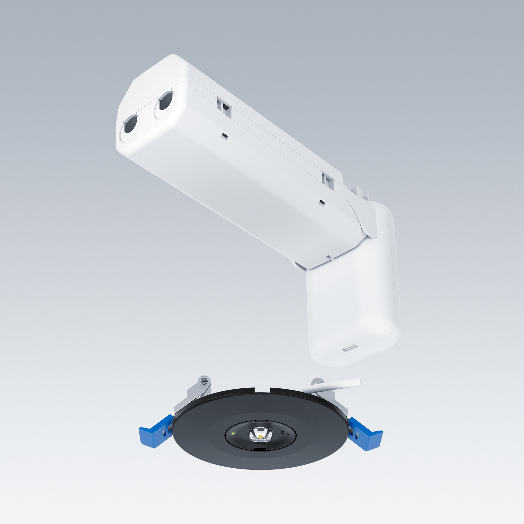 A compact LED spotlight with a white mounting module and a black circular light fixture. The design features blue locking clips for easy installation, making it suitable for recessed lighting in commercial or residential spaces.