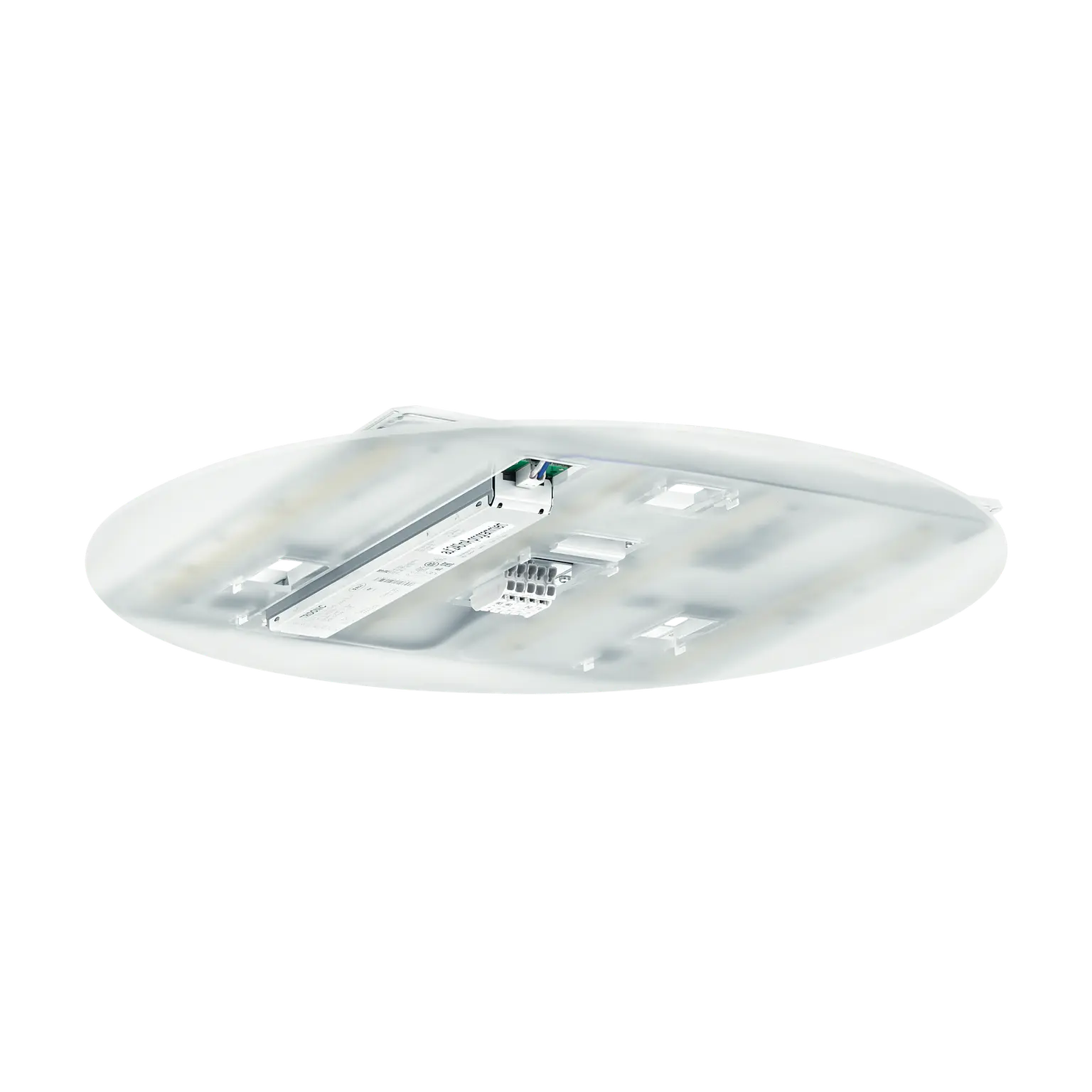 Round LED ceiling luminaire with integrated emergency module by Zumtobel