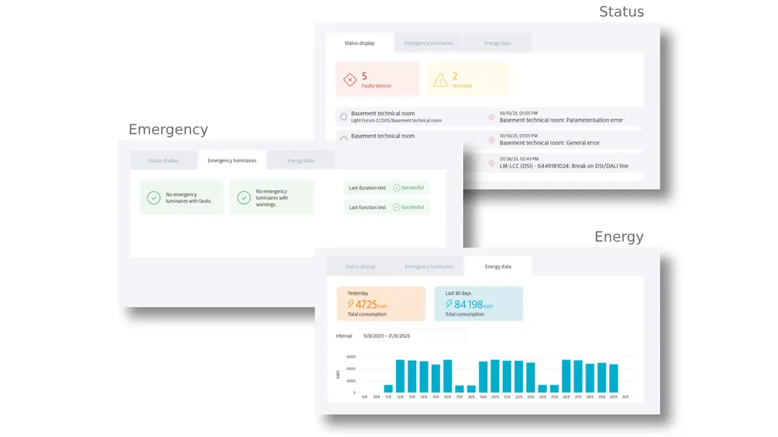 Mehrere Screens der LightingGO Software mit Emergency Anzeigen.