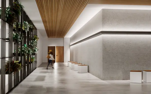A modern corridor is displayed, featuring Zumtobel luminaires recessed into the wall.