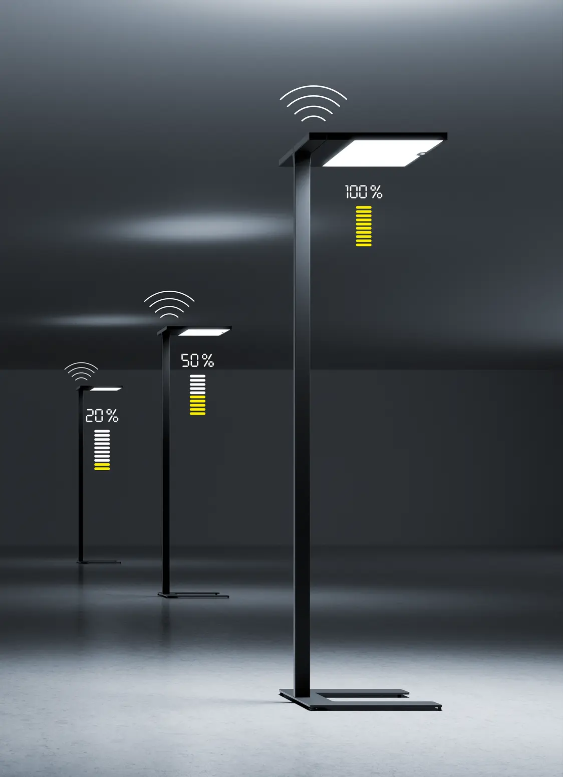 Piantane ARTELEA in un ambiente moderno che mostrano indicatori di impostazione con il 20%, 50% e 100% di luminosità con un simbolo WLAN stilizzato.