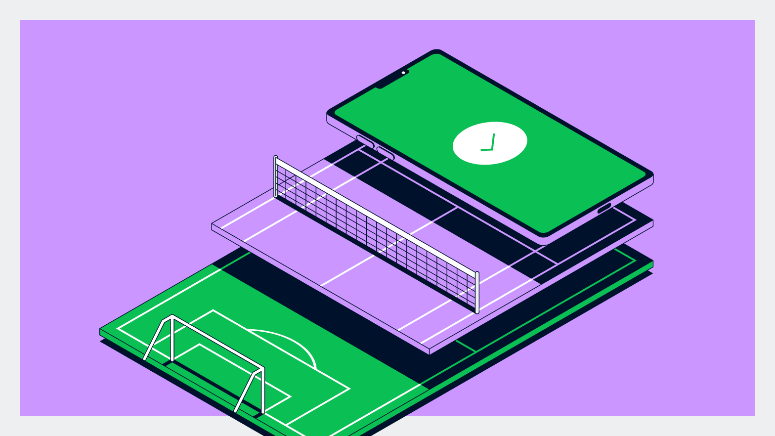 isometric image of sports courts and a phone check mark in green and purple