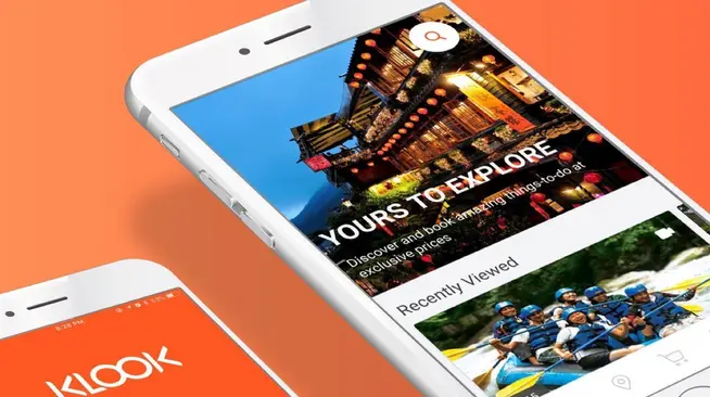 Smartphone screens displaying Klook's travel booking application with cultural and adventure offerings.
