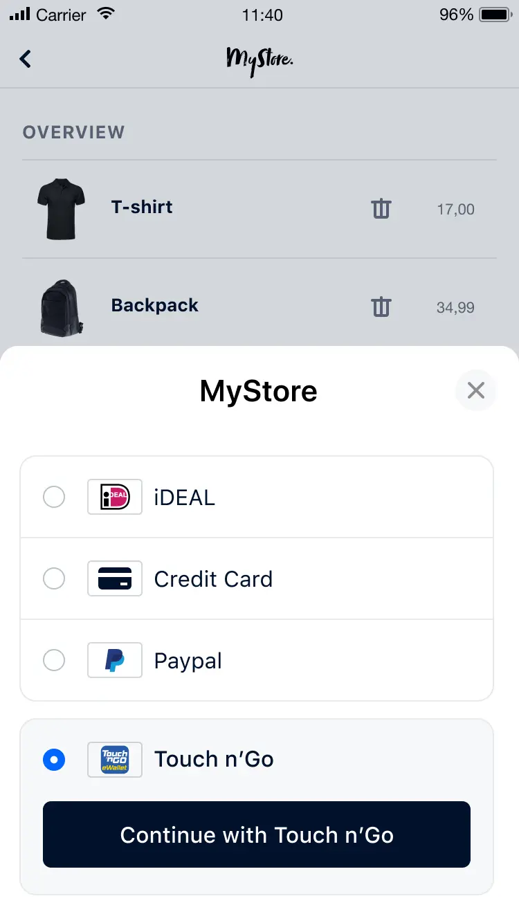 Mobile screen showing Adyen payment options including iDEAL, Credit Card, PayPal, and Touch n'Go.