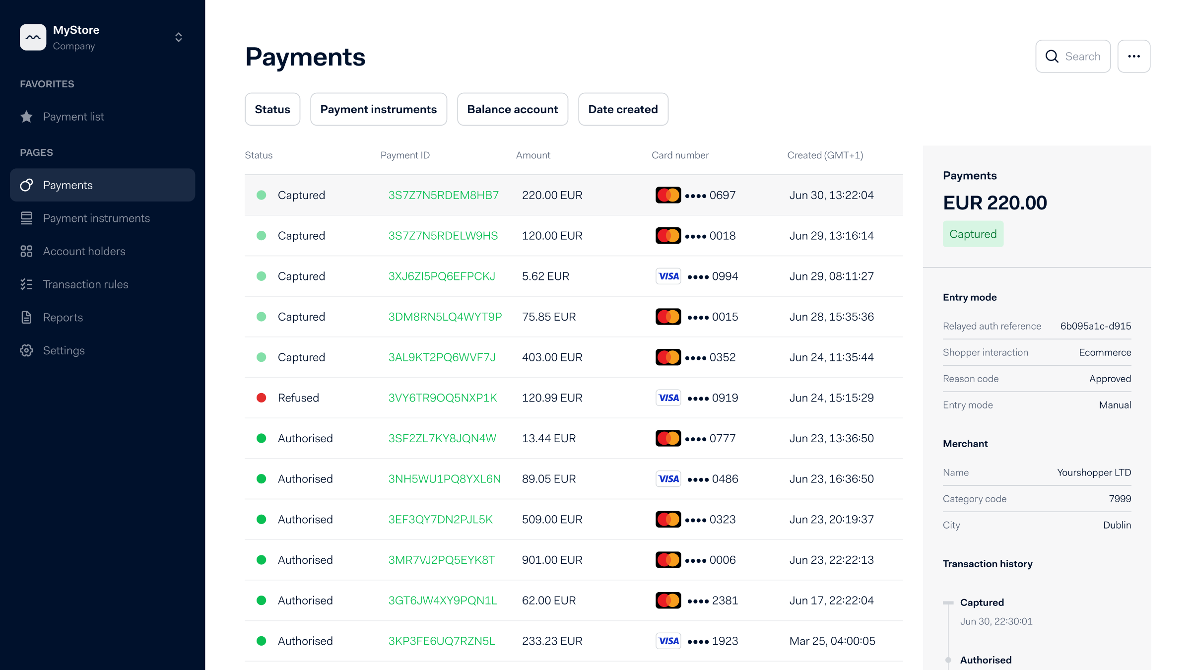 Adyen payments dashboard showing various card transaction statuses like captured, refused, and authorized.