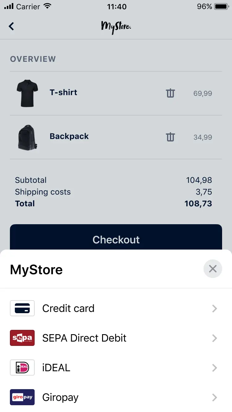 Mobile shopping cart with a T-shirt and backpack listed and payment options including Credit card, SEPA, iDEAL, and Giropay.