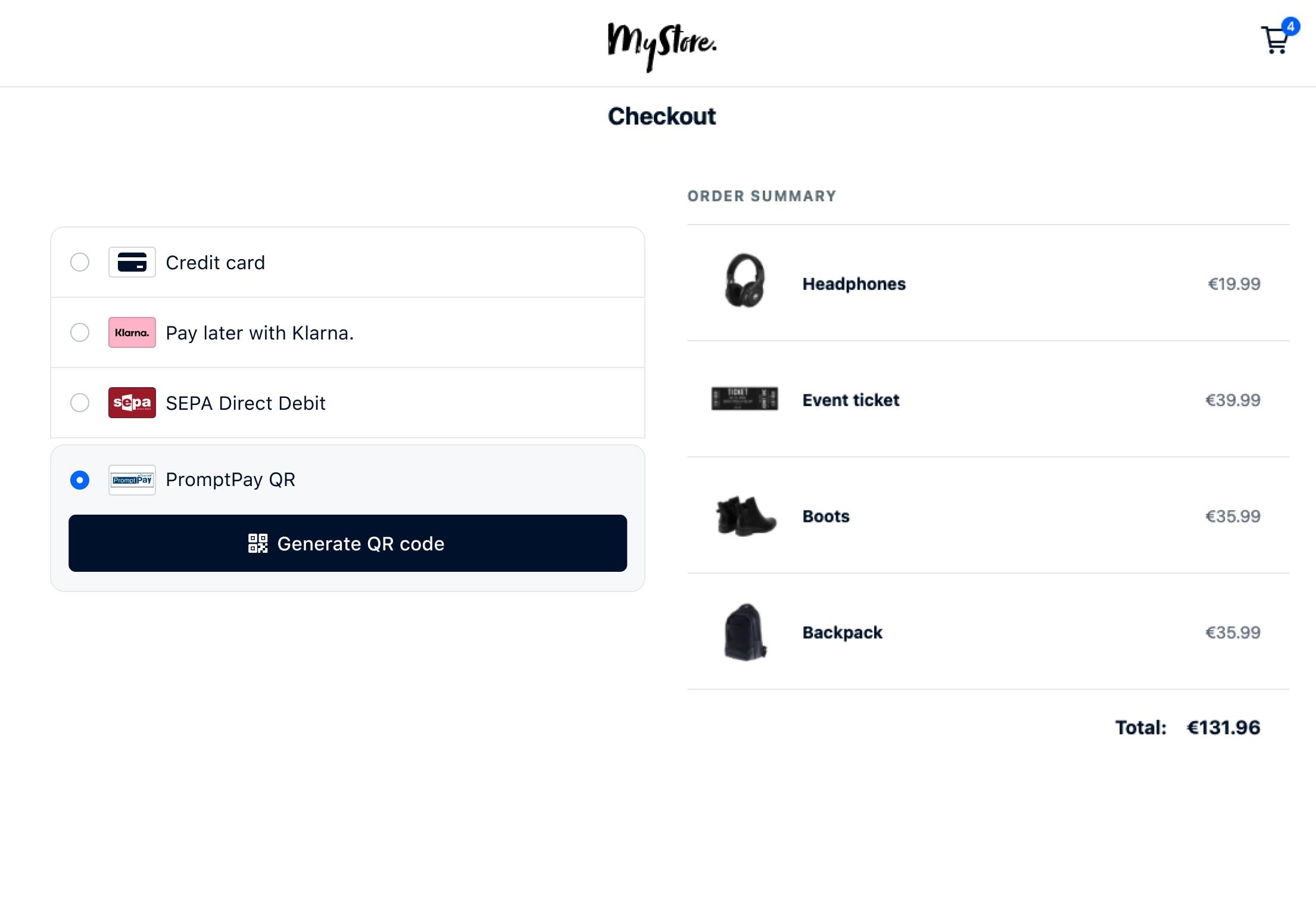 Online checkout screen showing payment options including credit card and Klarna, and an order summary with items.