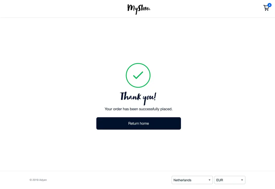 Confirmation page with a green checkmark indicating a successful order placement at MyStore.