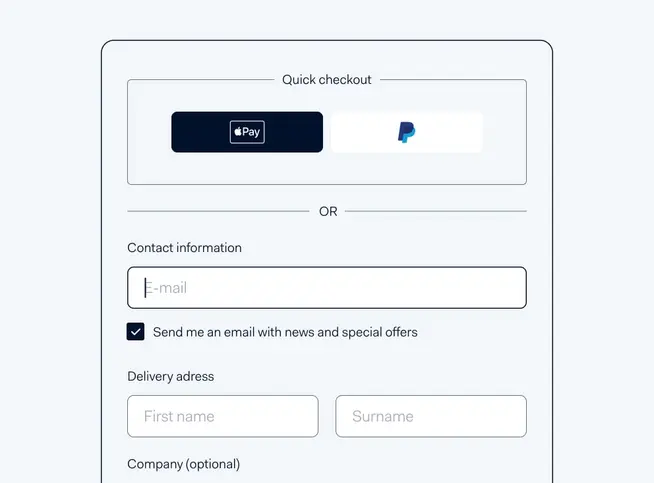 Screenshot showing a quick checkout interface with digital wallet options and a contact information form