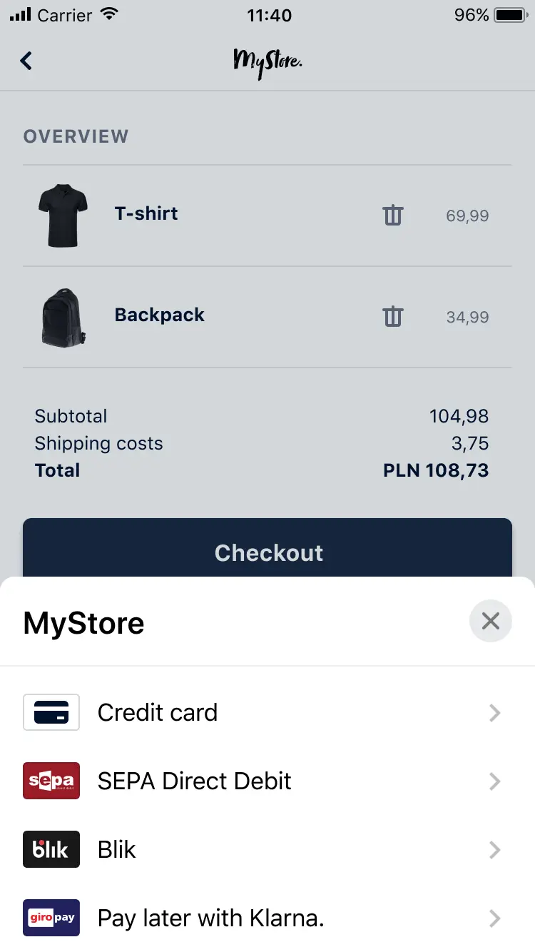 Mobile screen displaying a shopping cart with items, total cost, and various Adyen payment options including Credit Card and SEPA.