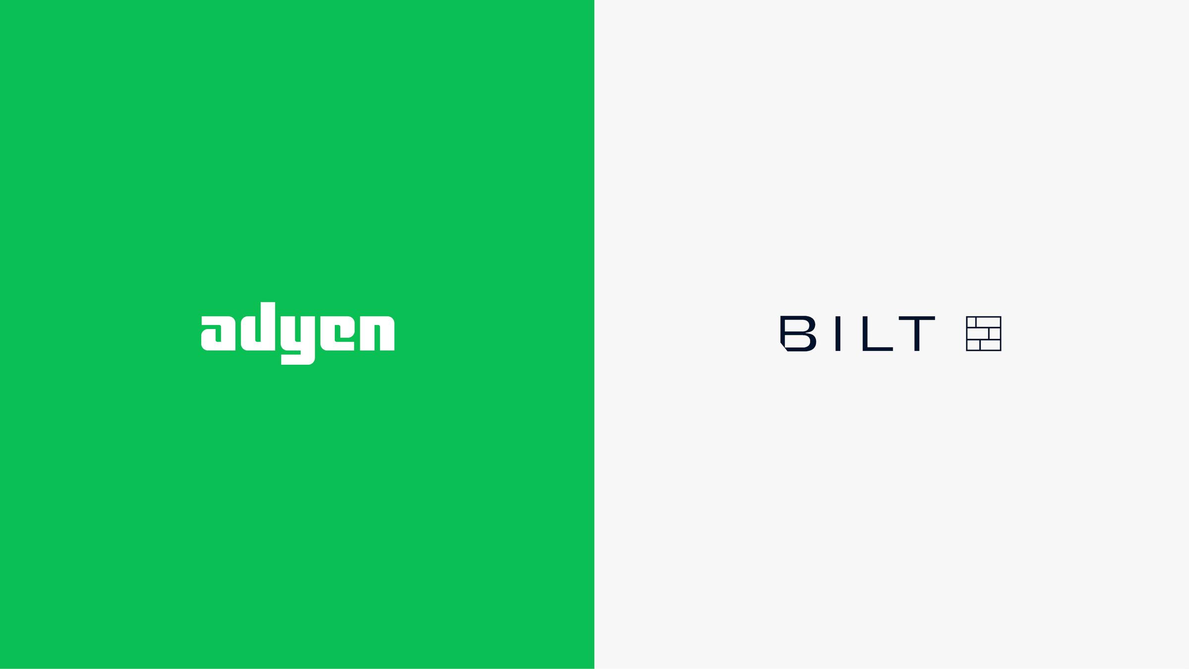 Adyen and Bilt logos side by side on a split background.