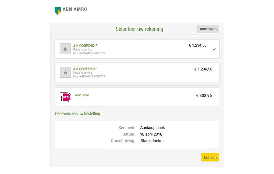 Interfaccia di online banking ABN AMRO con opzione di pagamento iDEAL per l'acquisto di una giacca nera