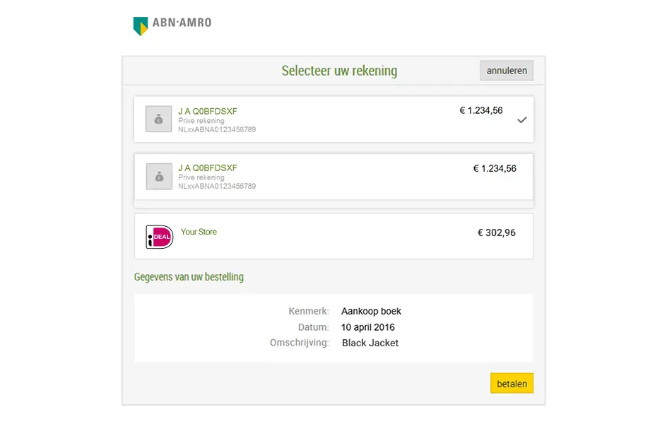 ABN AMRO online banking interface with iDEAL payment option for a black jacket purchase.