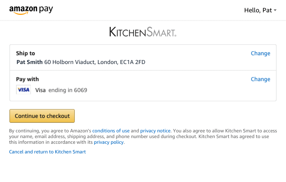 Checkout screen with Amazon Pay as the payment method displaying shipping address and Visa card information.