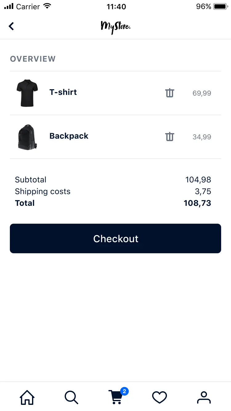 Mobile shopping cart screen with a t-shirt and backpack listed for purchase.