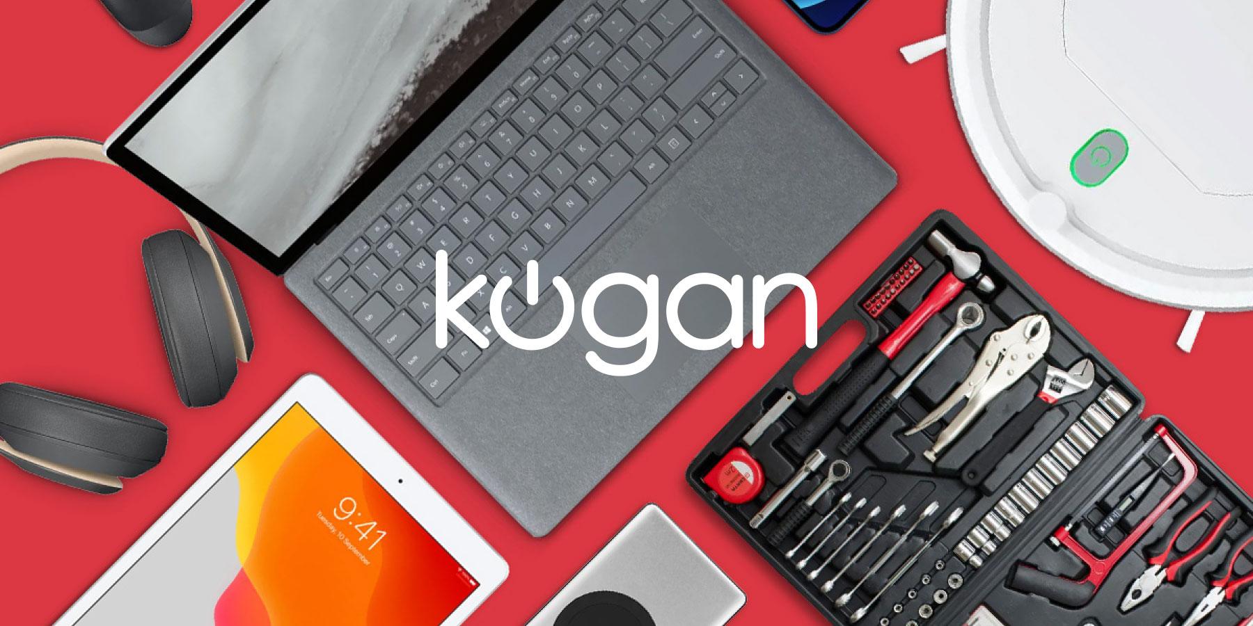 Assorted electronic devices and tools laid out on a red background with the Kogan logo centered.