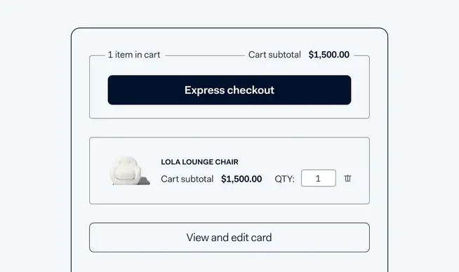 Online shopping cart interface with Adyen's express checkout option and a Lola lounge chair item costing $1,500.00