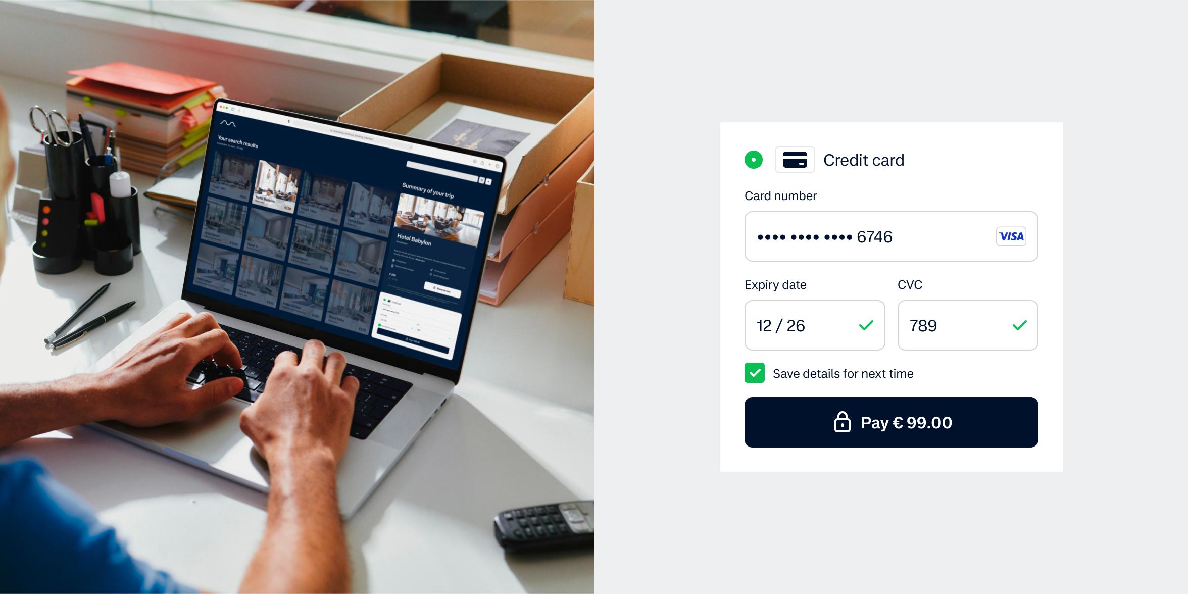 Man on laptop booking his vacation and UI showing tokenization functionality