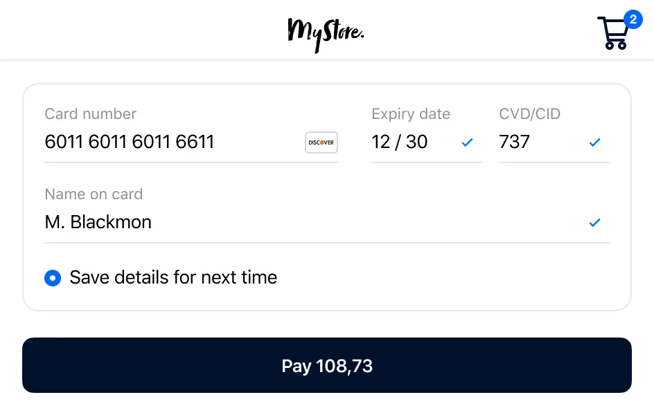 Checkout interface with credit card payment information fields and a Pay button.