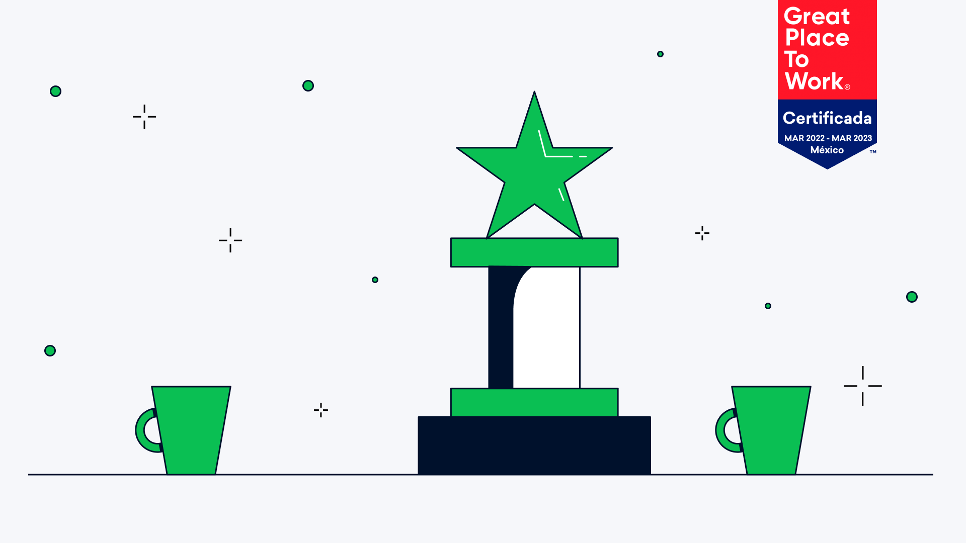 Trofeo con una estrella en la parte superior y dos tazas de café a cada lado con certificación de Great Place to Work.