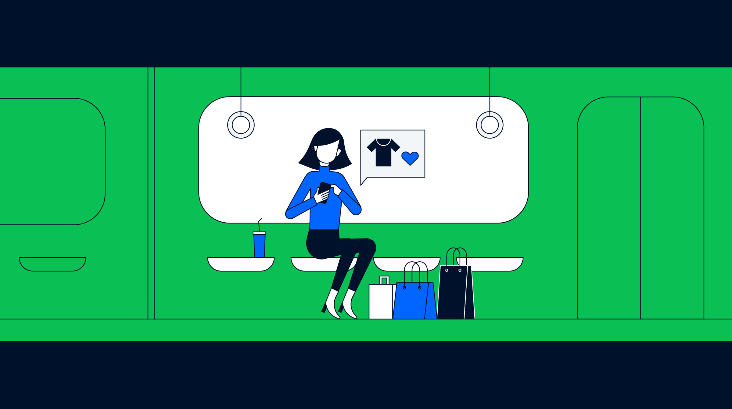 Cartoon of a woman using her smartphone on a train with shopping bags beside her.