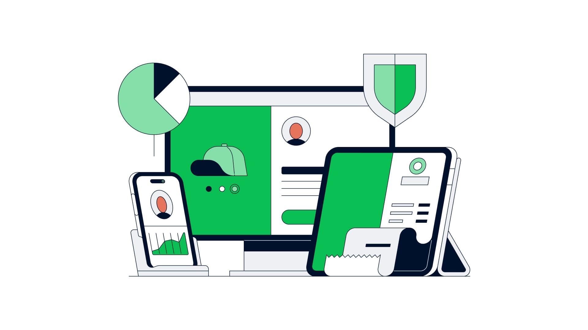 Stylized illustration of Adyen's omnichannel payment solutions on different devices.