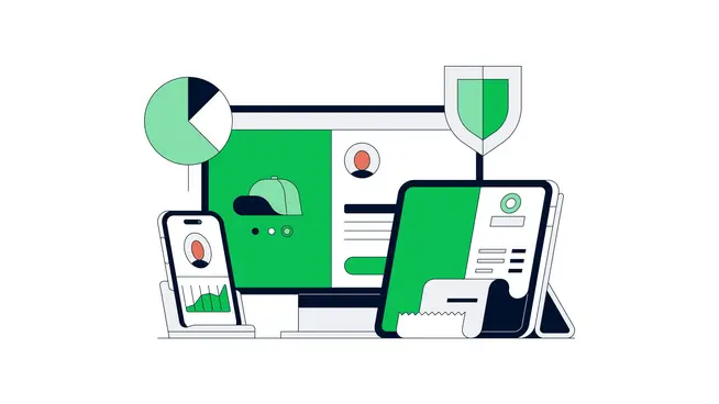 Stylized illustration of Adyen's omnichannel payment solutions on different devices