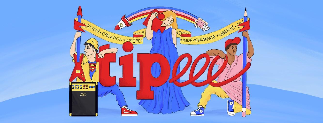 Texte stylisé 'Tipeee' avec des figures animées tenant des symboles d'art et d'indépendance.