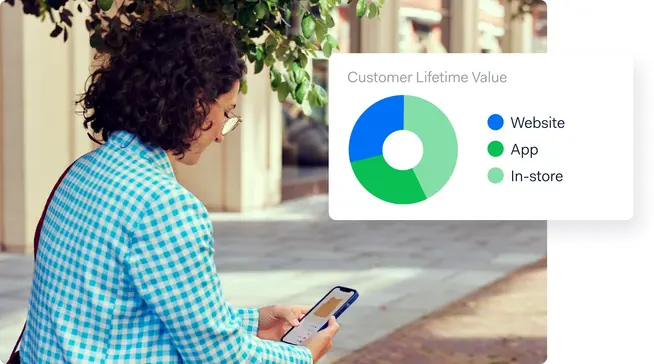 Person viewing Adyen product analytics on a mobile device with a customer lifetime value pie chart.