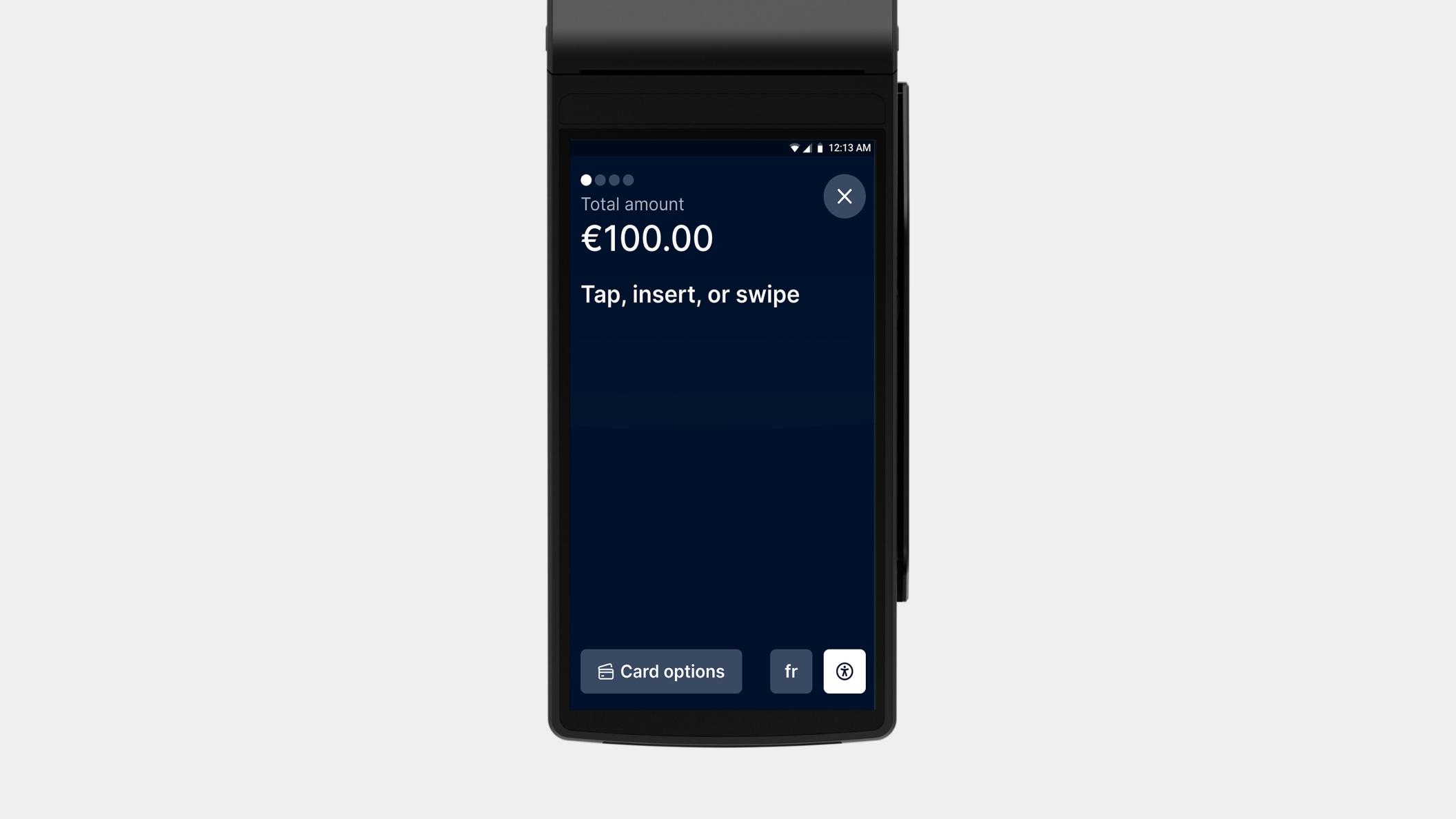 Adyen's contactless payment screen with tap, Insert, swipe or scan options, on a gray backround.