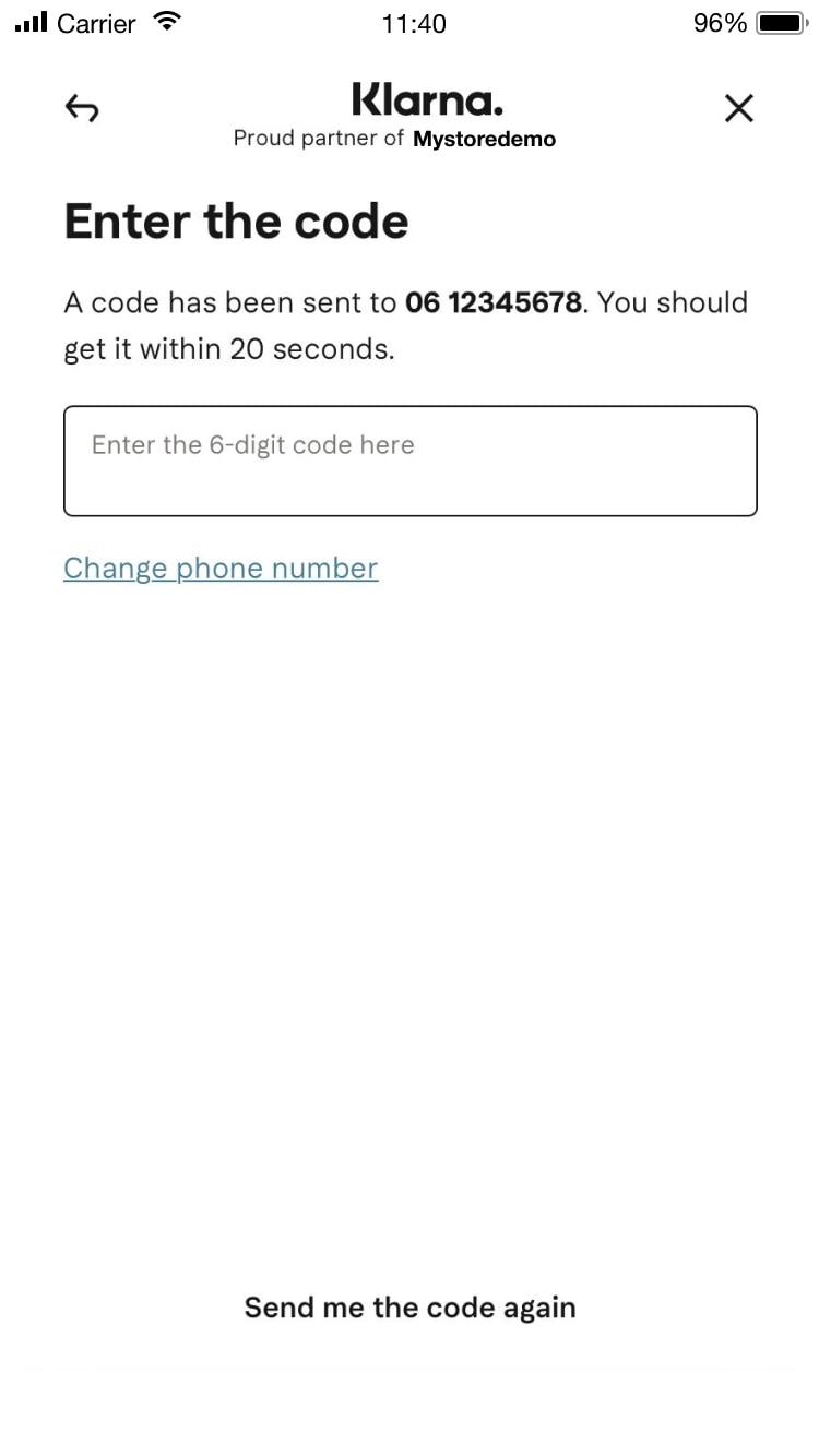 Mobile verification screen with a field to enter a 6-digit code received by SMS.