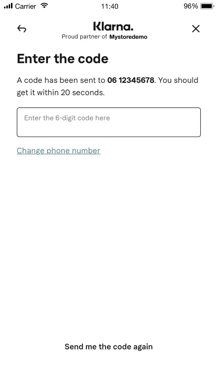 Mobile verification screen with a field to enter a 6-digit code received by SMS.