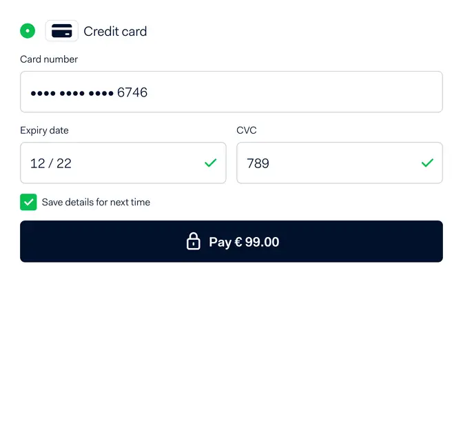 Credit card payment interface showing card number, expiry date, CVC, and a pay button for €99.00.