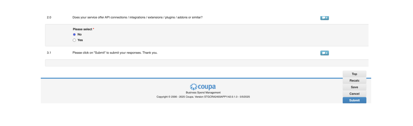 Coupa questionnaire screenshot