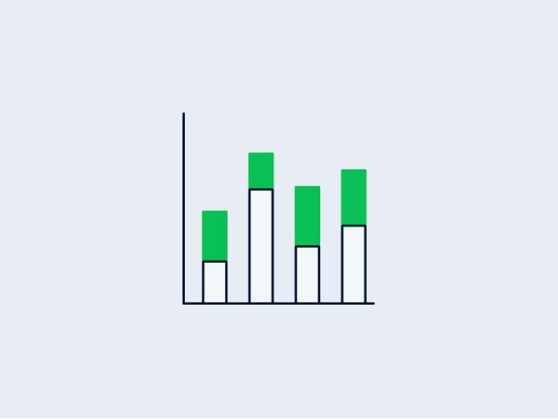 Stylized bar chart with rising green bars on a light grey background.