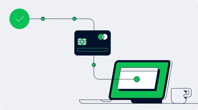 Grafik, der einen Adyen-Zahlungsprozess mit Kreditkarte, Transaktionsbestätigung und Laptop zeigt