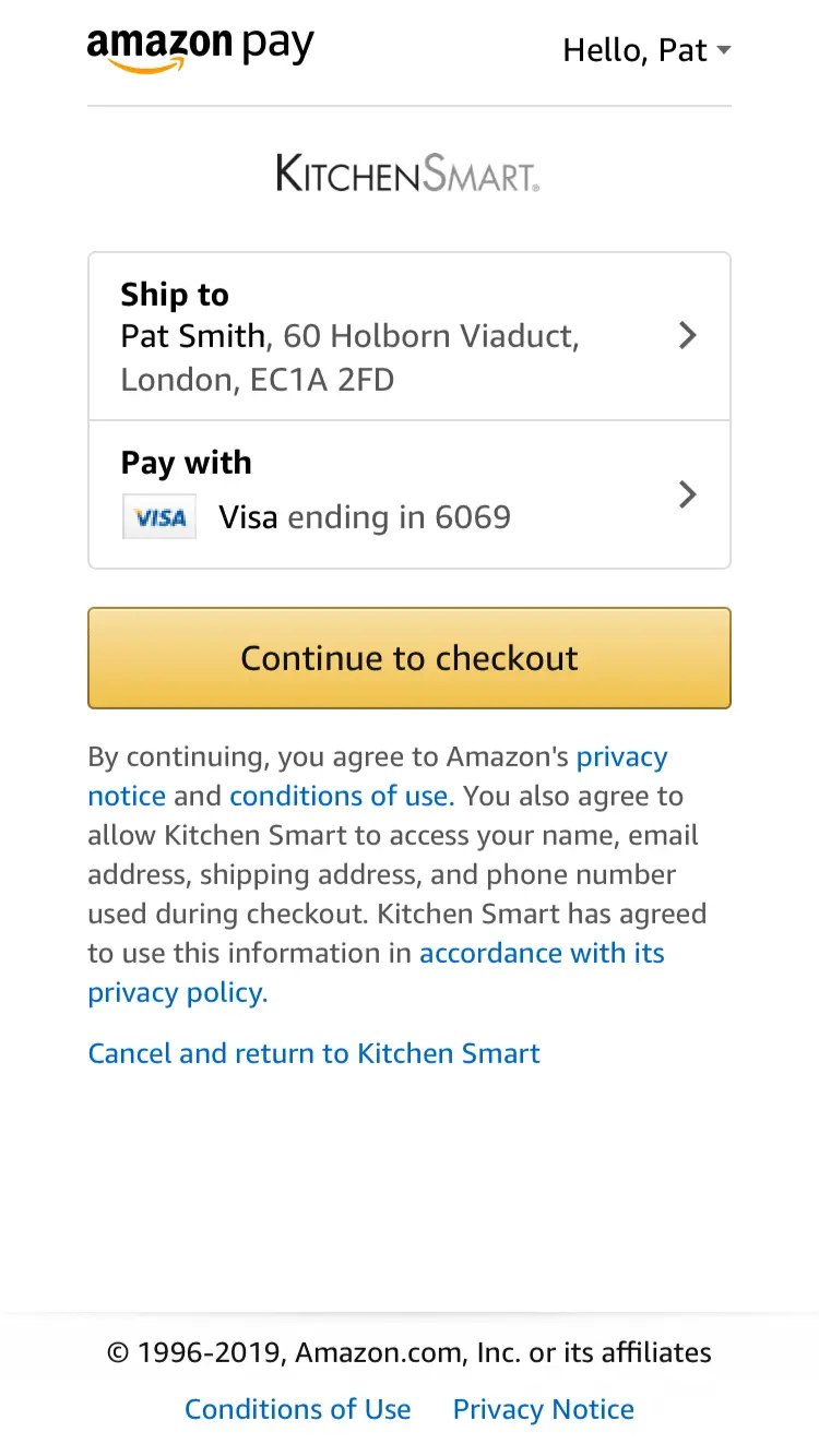Amazon Pay checkout screen showing shipping and payment information with an option to continue to checkout.